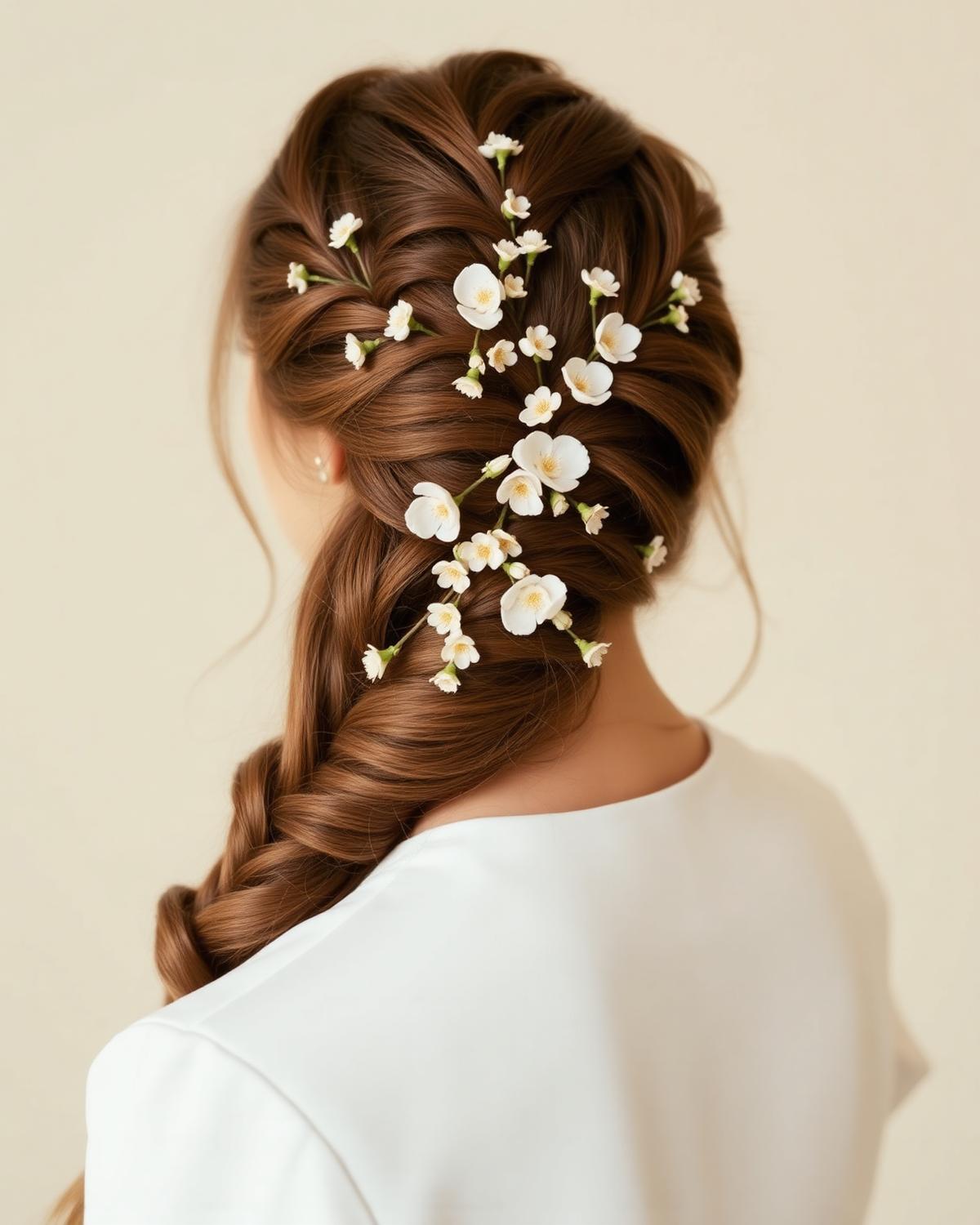 Bridal braid softened with fresh blossoms